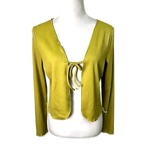 Elodie Cardigan Sweater Tie-Front Ribbed Cropped Length Mustard Yellow W L NWT - Picture 1 of 10